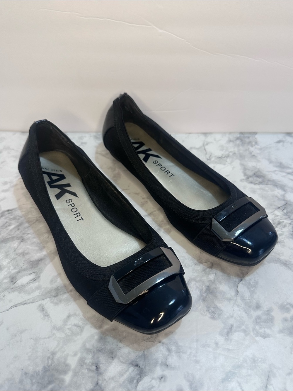 Anne Klein AK Sport Black Ballet Flats Square Toe Buckle Patent Cap Toe Size 6